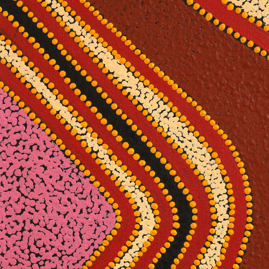 Aboriginal Artwork by Gina Nangala Sunfly, Mulupuku Jukurrpa (Native Grass Seed Dreaming), 91x91cm