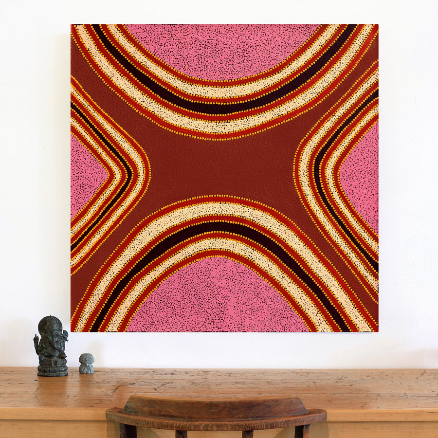 Aboriginal Artwork by Gina Nangala Sunfly, Mulupuku Jukurrpa (Native Grass Seed Dreaming), 91x91cm