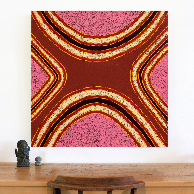 Aboriginal Artwork by Gina Nangala Sunfly, Mulupuku Jukurrpa (Native Grass Seed Dreaming), 91x91cm