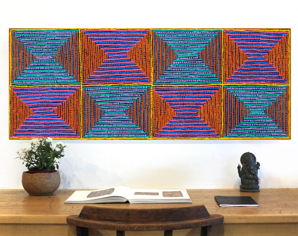 Aboriginal Artwork by Gloria Napangardi Gill, Lukarrara Jukurrpa, 122x46cm