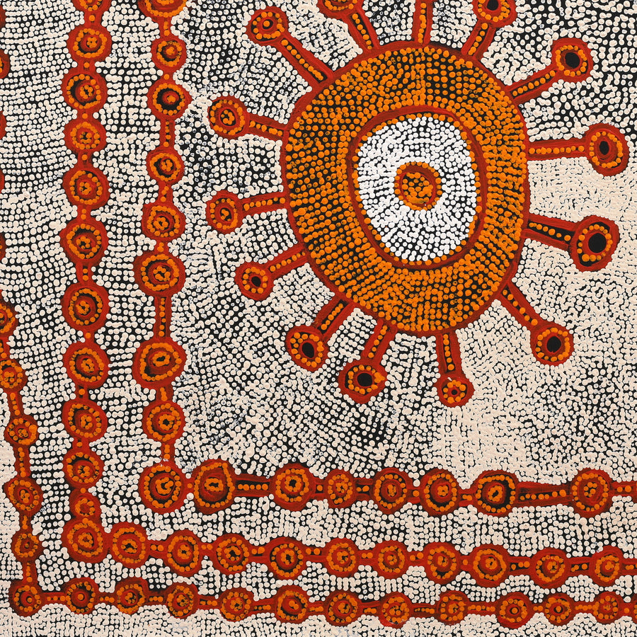 Aboriginal Artwork by Gregson Jampijinpa Collins, Ngapa Jukurrpa (Water Dreaming) - Puyurru, 91x91cm