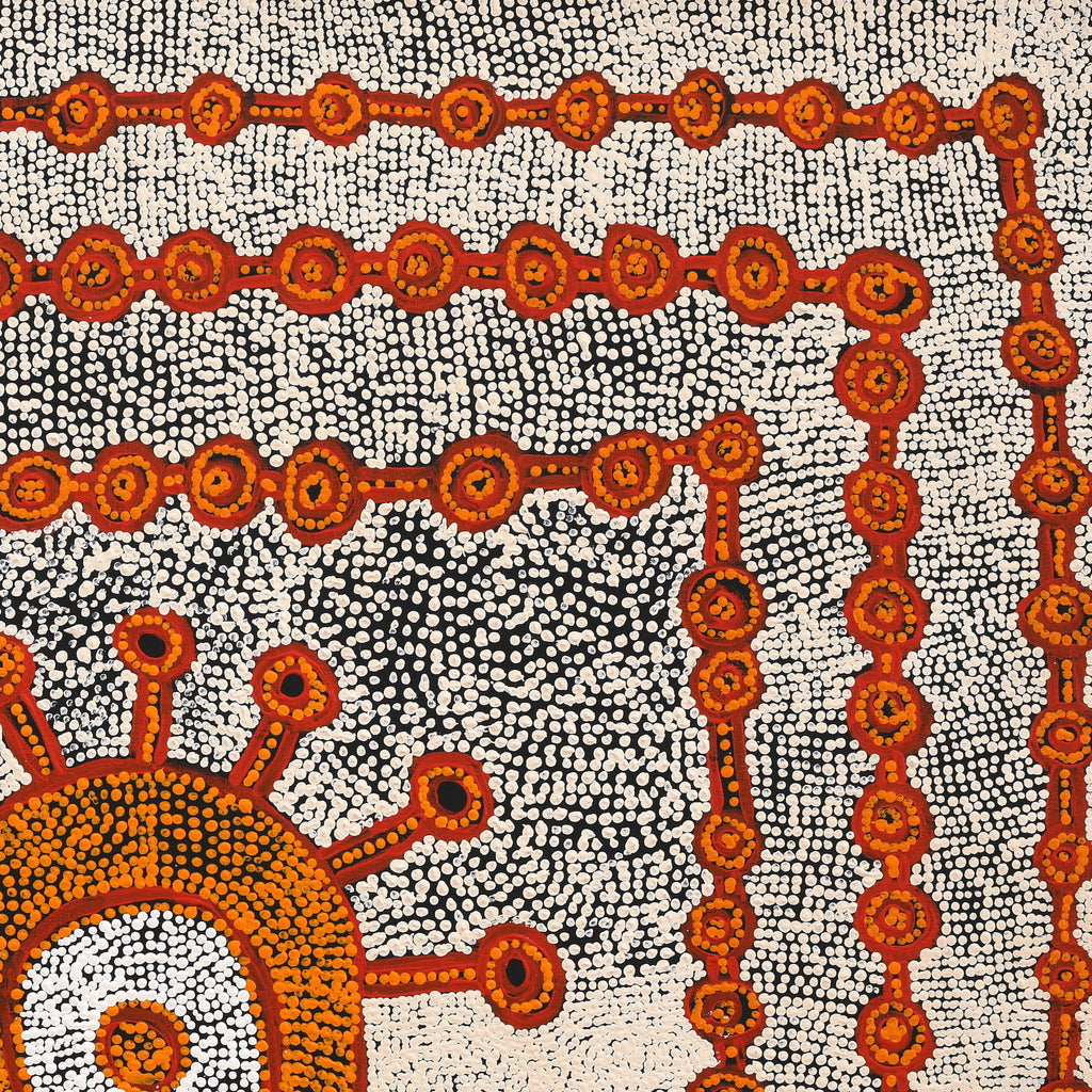 Aboriginal Artwork by Gregson Jampijinpa Collins, Ngapa Jukurrpa (Water Dreaming) - Puyurru, 91x91cm