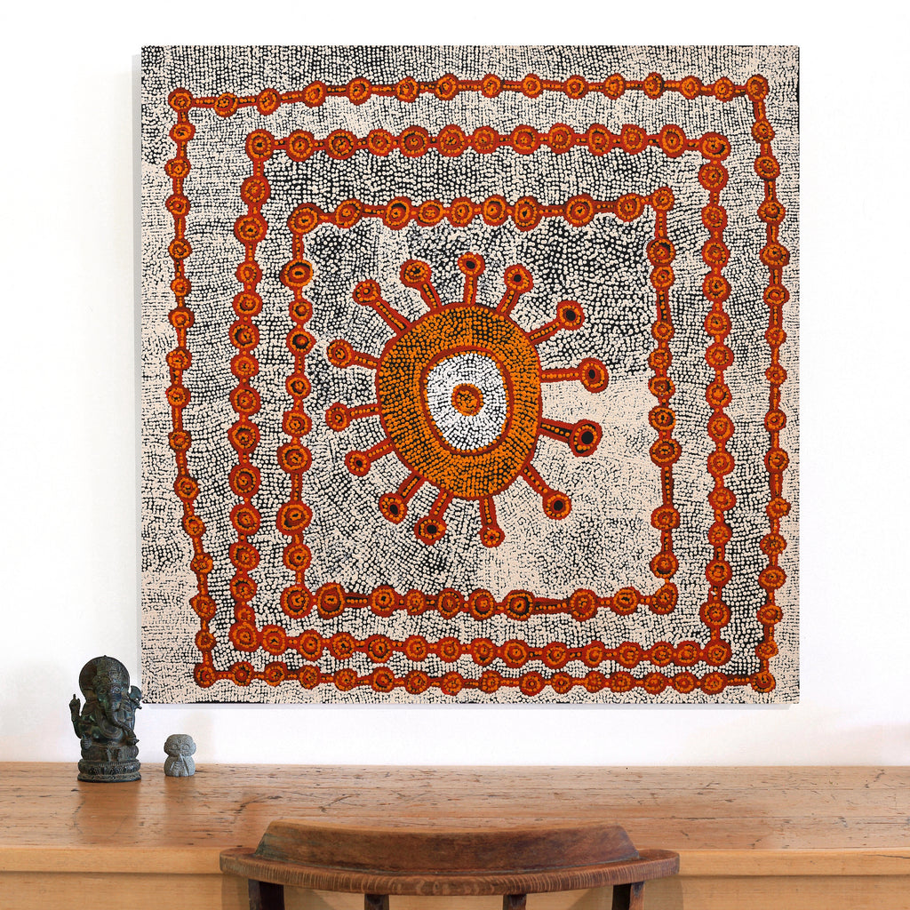 Aboriginal Artwork by Gregson Jampijinpa Collins, Ngapa Jukurrpa (Water Dreaming) - Puyurru, 91x91cm