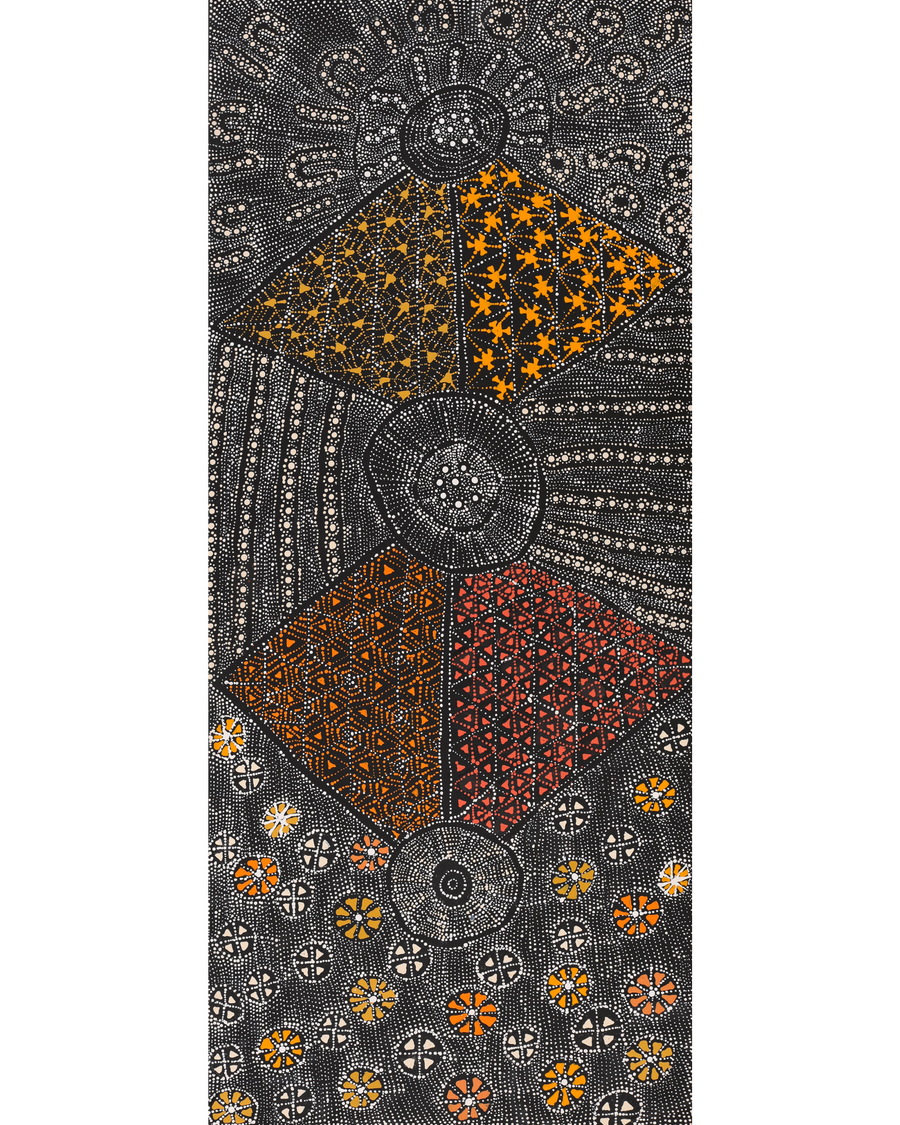 Aboriginal Artwork by Hilda Nakamarra Rogers, Lukarrara Jukurrpa (Desert Fringe-rush Seed Dreaming), 107x46cm