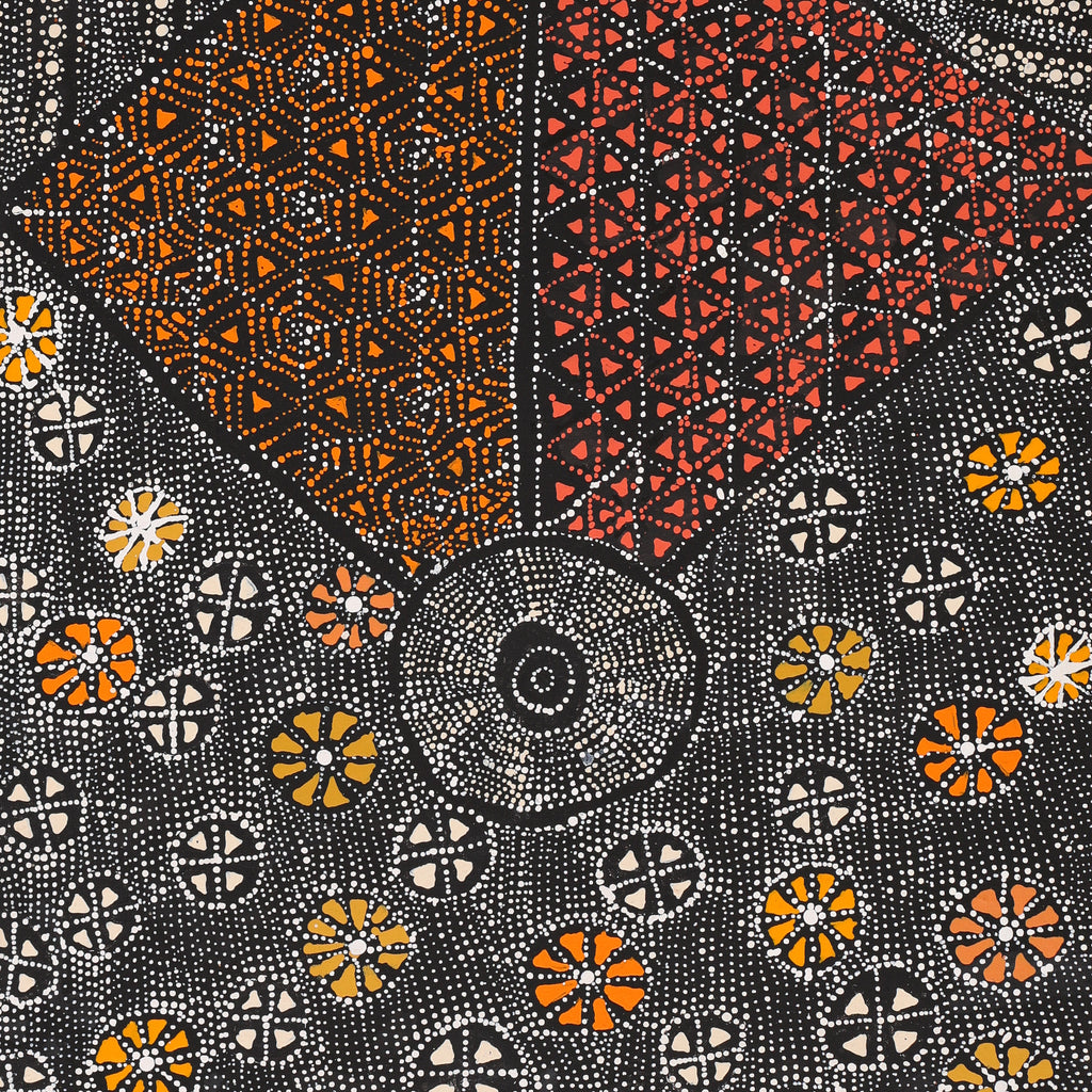 Aboriginal Artwork by Hilda Nakamarra Rogers, Lukarrara Jukurrpa (Desert Fringe-rush Seed Dreaming), 107x46cm