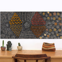 Aboriginal Artwork by Hilda Nakamarra Rogers, Lukarrara Jukurrpa (Desert Fringe-rush Seed Dreaming), 107x46cm
