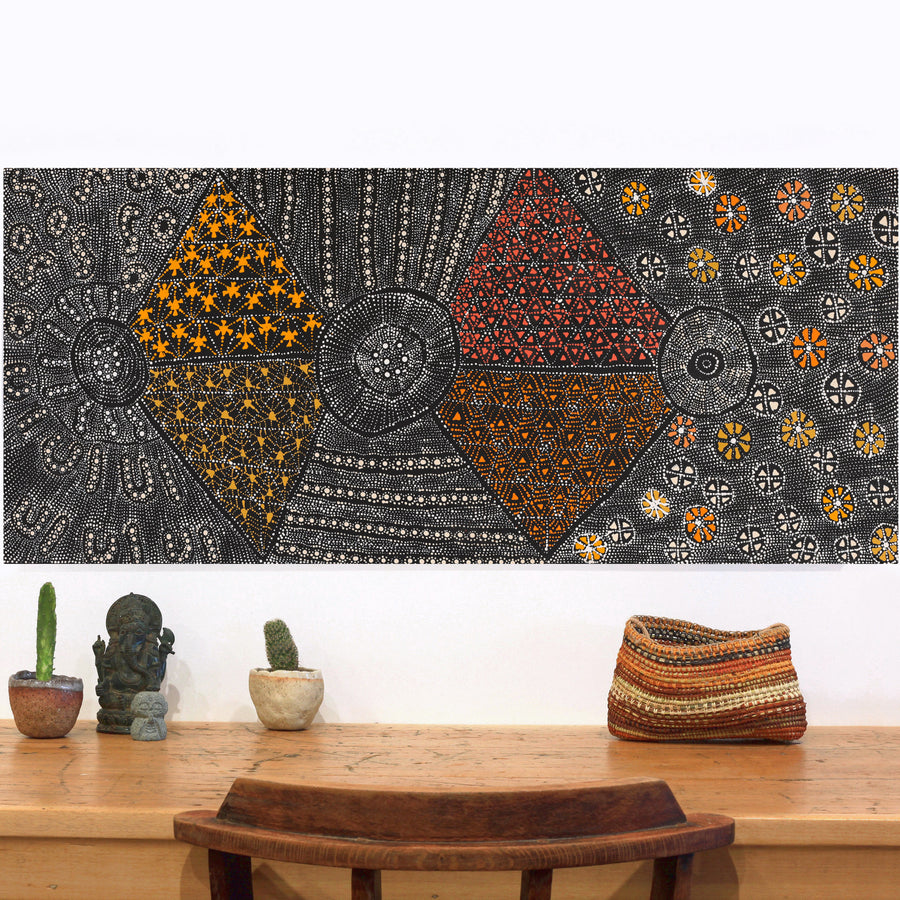 Aboriginal Artwork by Hilda Nakamarra Rogers, Lukarrara Jukurrpa (Desert Fringe-rush Seed Dreaming), 107x46cm