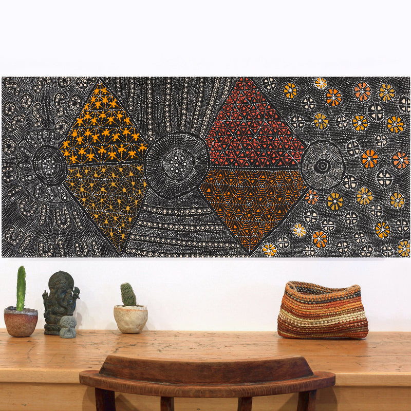 Aboriginal Artwork by Hilda Nakamarra Rogers, Lukarrara Jukurrpa (Desert Fringe-rush Seed Dreaming), 107x46cm