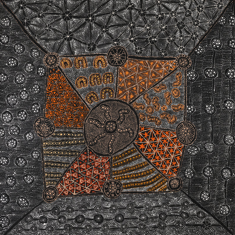Aboriginal Artwork by Hilda Nakamarra Rogers, Lukarrara Jukurrpa, 107x107cm