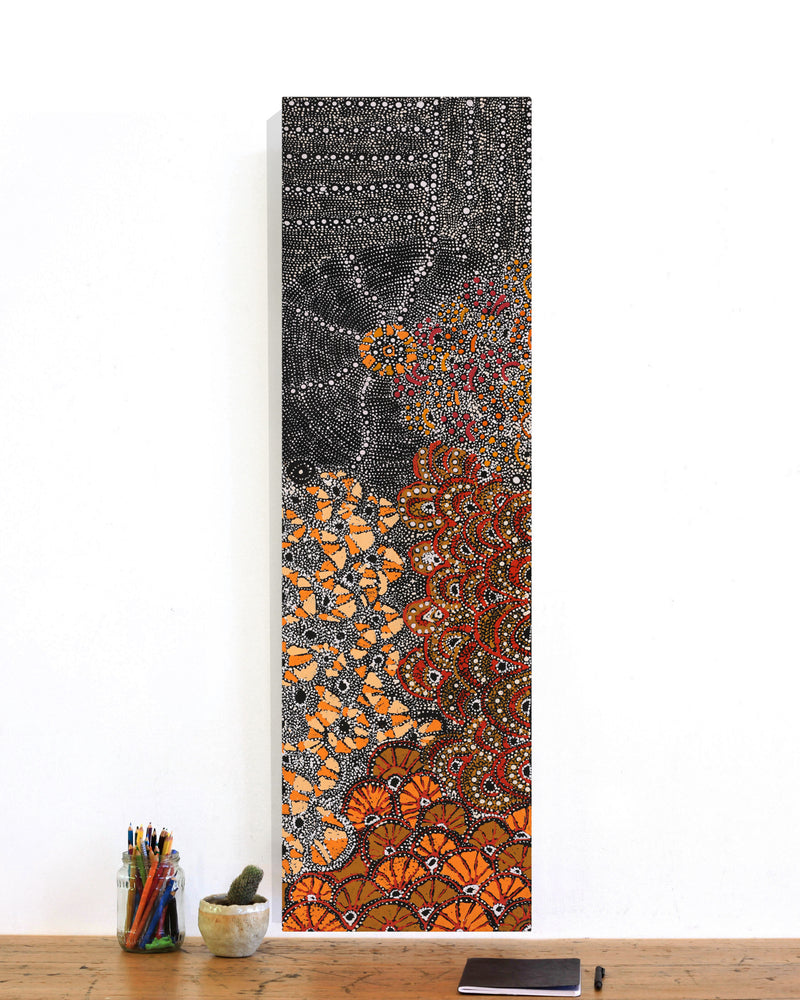 Aboriginal Artwork by Hilda Nakamarra Rogers, Lukarrara Jukurrpa, 107x30cm