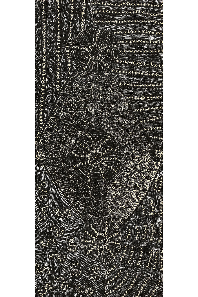 Aboriginal Artwork by Hilda Nakamarra Rogers, Lukarrara Jukurrpa (Desert Fringe-rush Seed Dreaming), 107x46cm