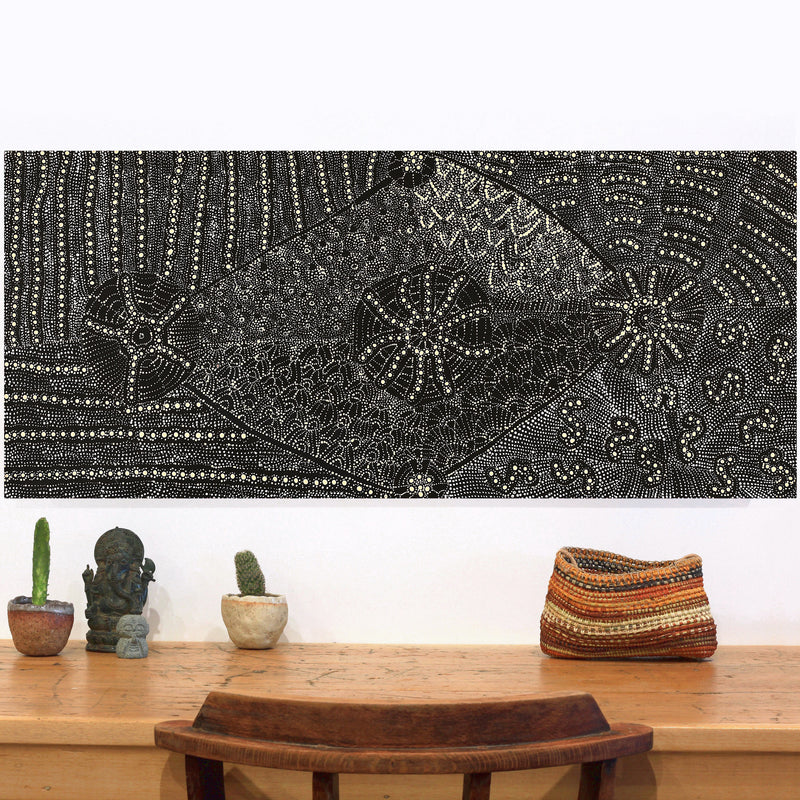 Aboriginal Artwork by Hilda Nakamarra Rogers, Lukarrara Jukurrpa (Desert Fringe-rush Seed Dreaming), 107x46cm
