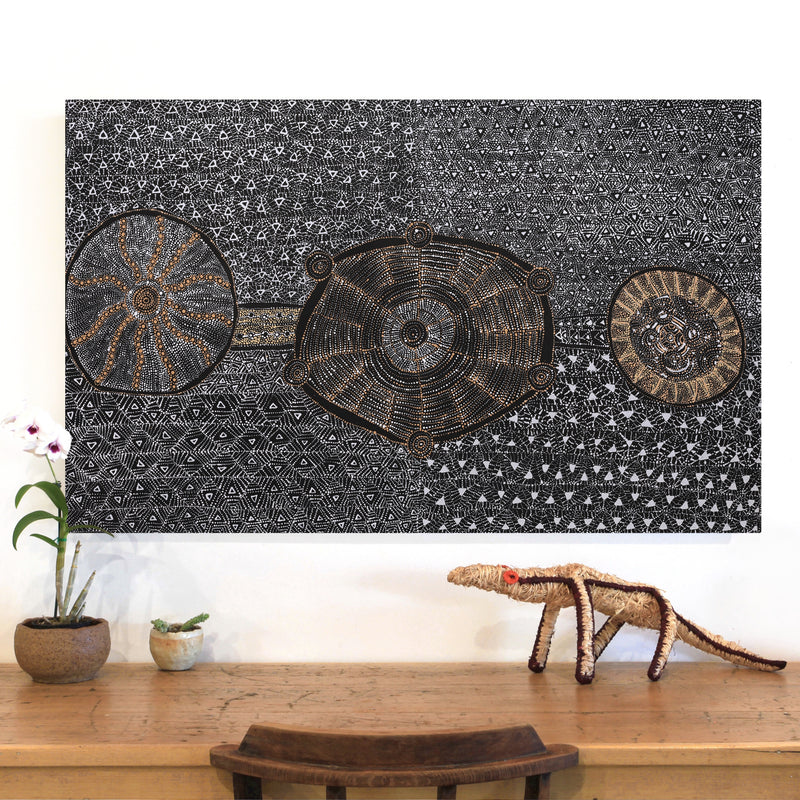 Aboriginal Artwork by Hilda Nakamarra Rogers, Lukarrara Jukurrpa, 122x76cm