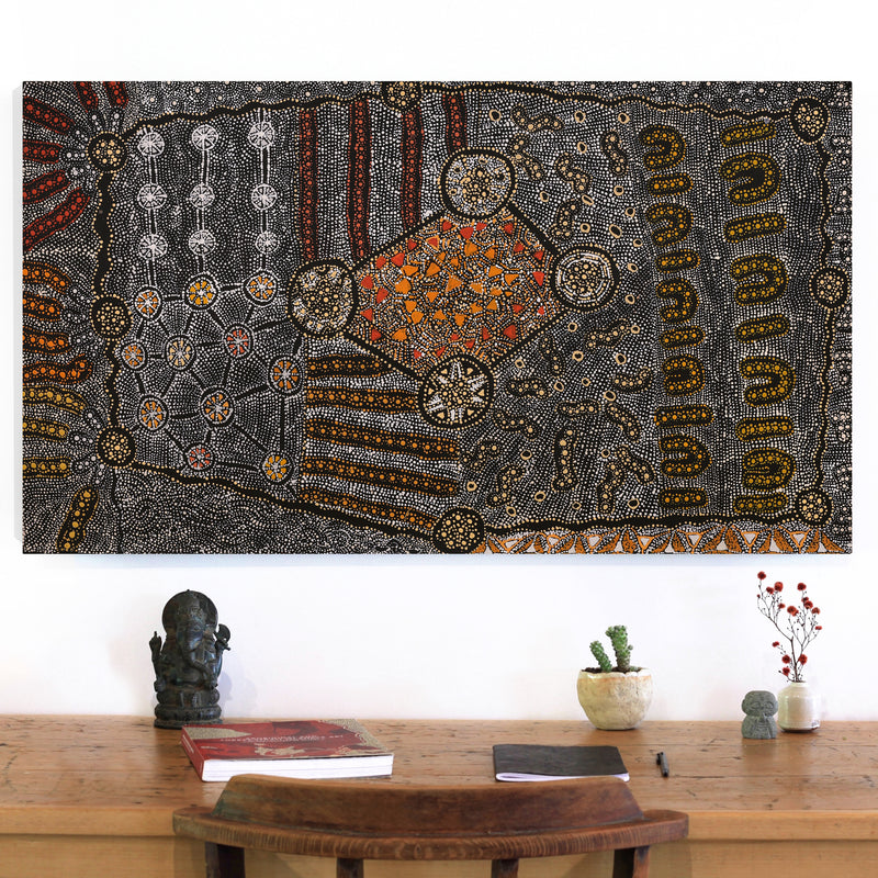 Aboriginal Artwork by Hilda Nakamarra Rogers, Lukarrara Jukurrpa, 107x61cm