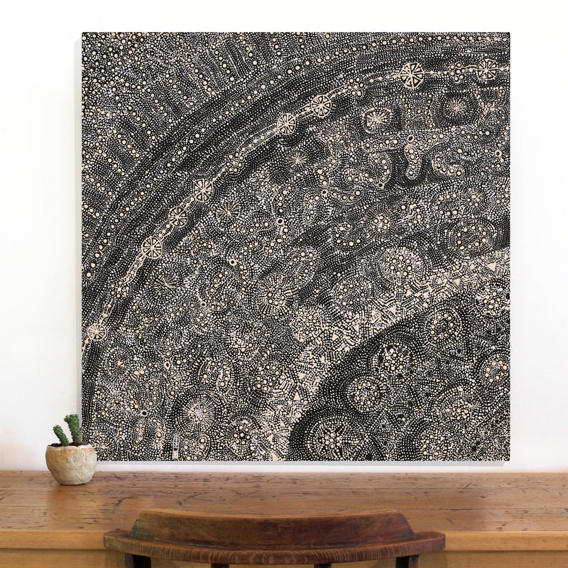 Aboriginal Artwork by Hilda Nakamarra Rogers, Lukarrara Jukurrpa, 76x76cm
