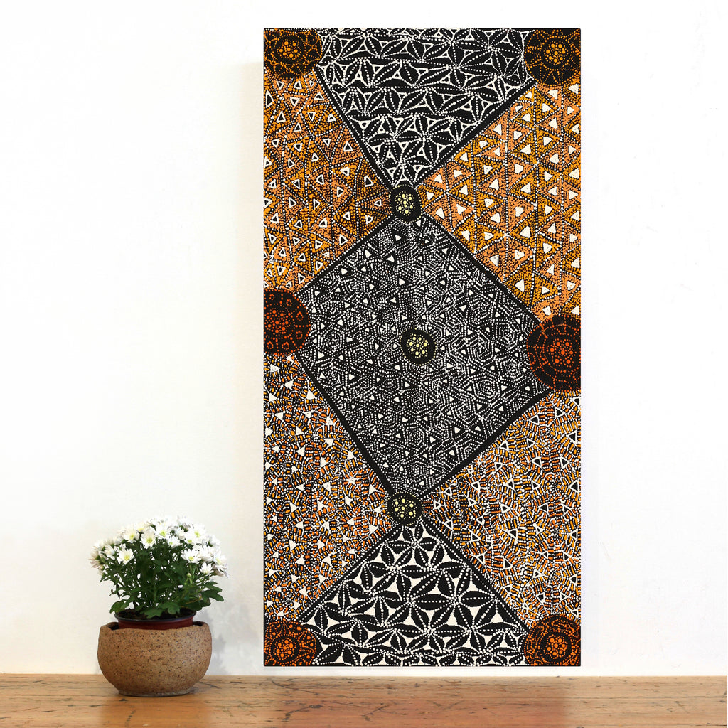 Aboriginal Artwork by Hilda Nakamarra Rogers, Lukarrara Jukurrpa, 91x46cm