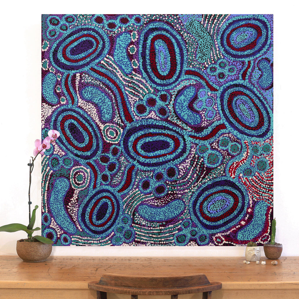 Aboriginal Artwork by Inawinytji Stanley, Minyma Kutjara (Two Women Near Ernabella), 100x98cm