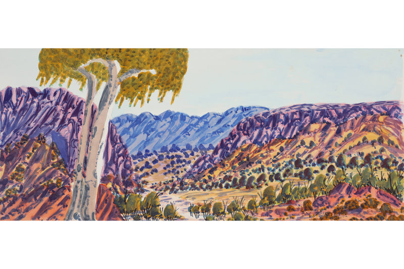 Aboriginal Artwork by Ivy Pareroultja, Towards Glen Helen in the West MacDonnell Ranges, 53.5x23cm