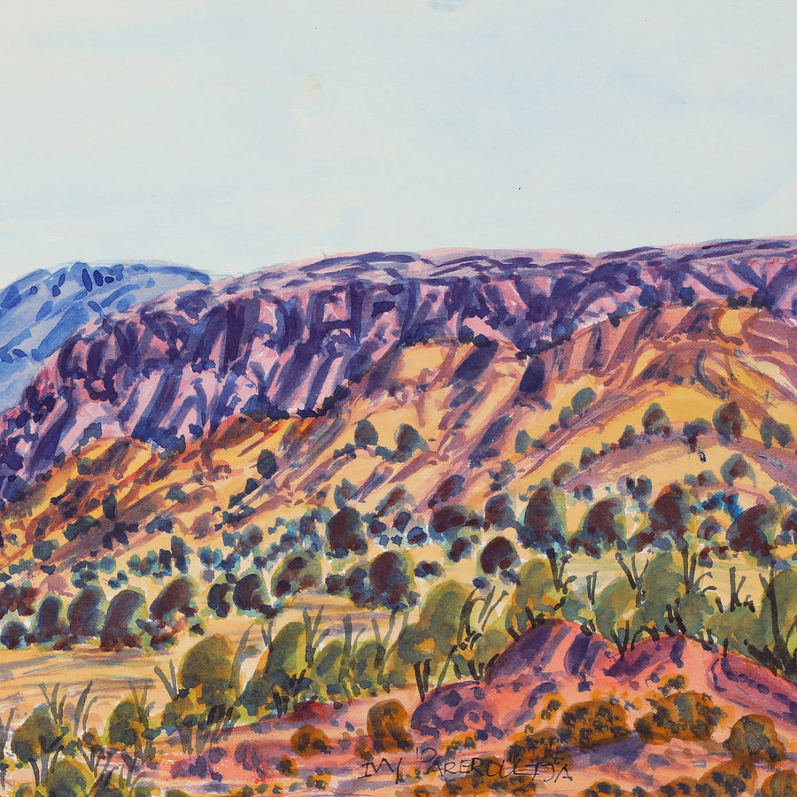 Aboriginal Artwork by Ivy Pareroultja, Towards Glen Helen in the West MacDonnell Ranges, 53.5x23cm