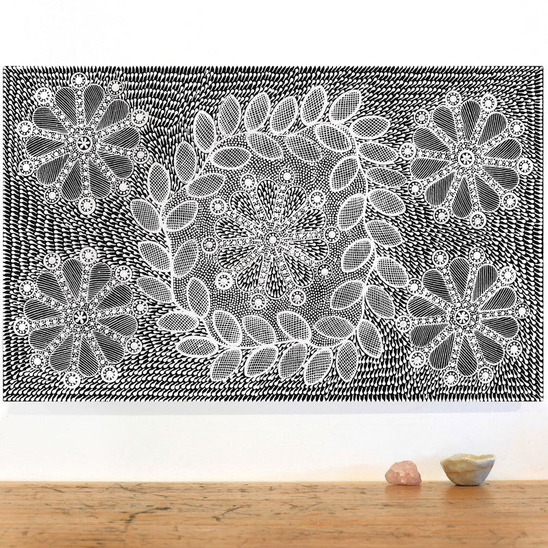 Aboriginal Artwork by Jocelyn Napanangka Frank, Lukarrara Jukurrpa (Desert Fringe-rush Seed Dreaming), 76x46cm