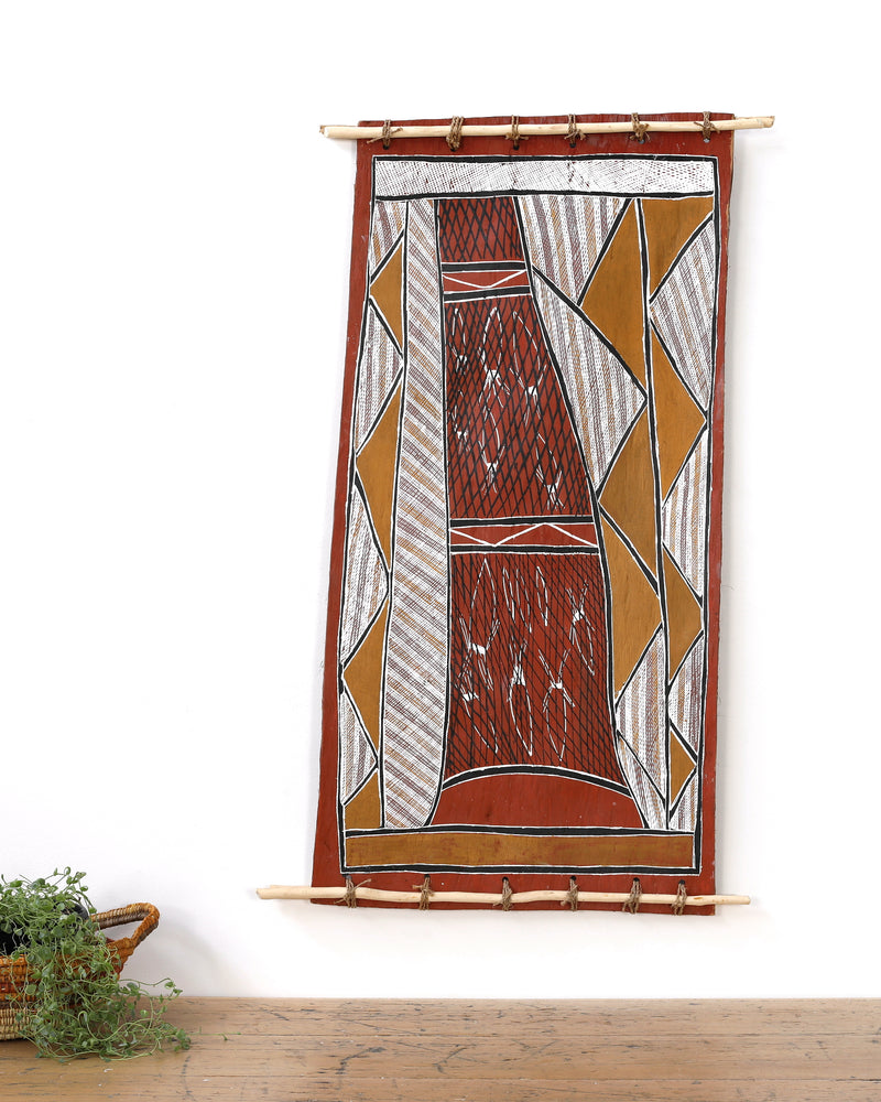 Aboriginal Artwork by Jack Yurrulbbirri Nawilil, Kunkale Wobe (Fishtrap Fence), 100x47cm Bark