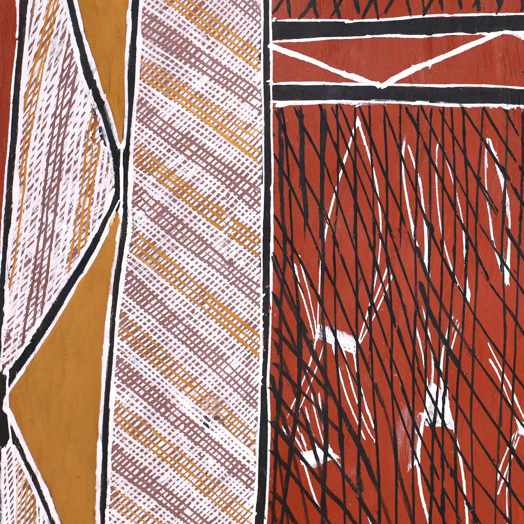 Aboriginal Artwork by Jack Yurrulbbirri Nawilil, Kunkale Wobe (Fishtrap Fence), 100x47cm Bark