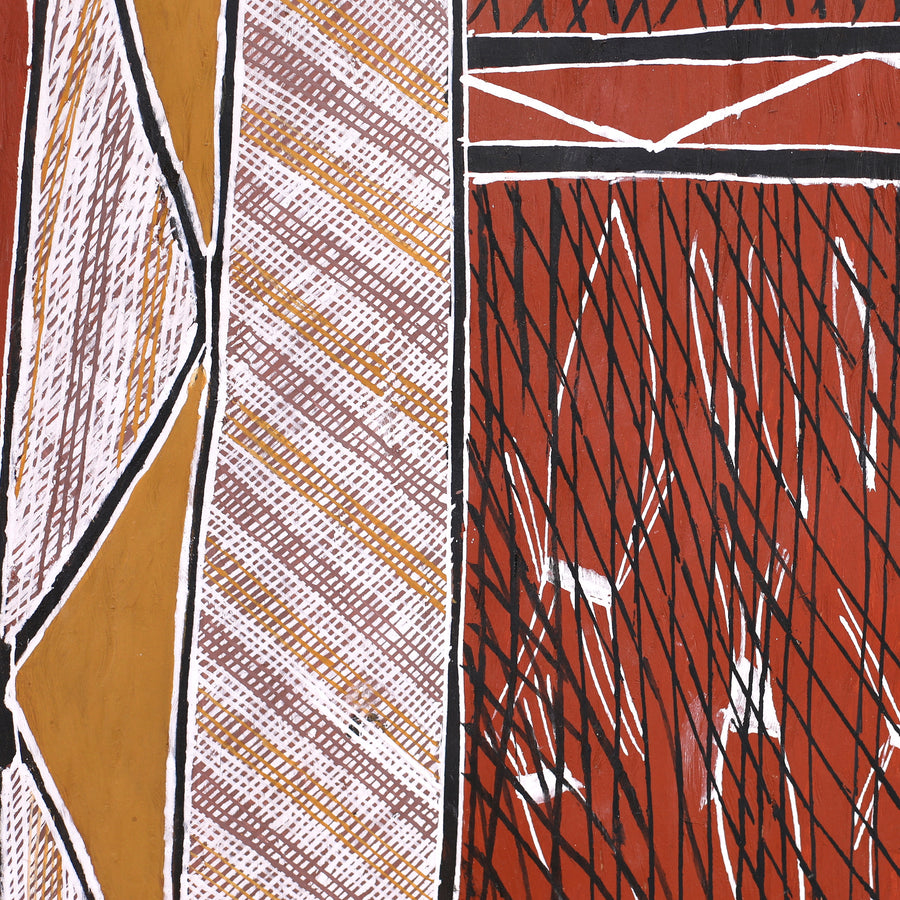 Aboriginal Artwork by Jack Yurrulbbirri Nawilil, Kunkale Wobe (Fishtrap Fence), 100x47cm Bark