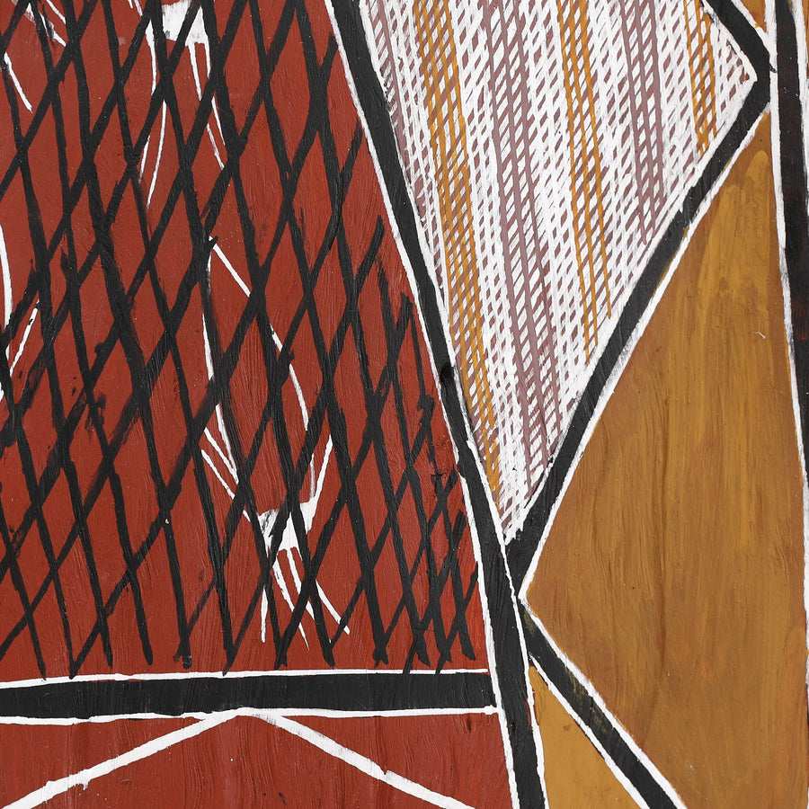Aboriginal Artwork by Jack Yurrulbbirri Nawilil, Kunkale Wobe (Fishtrap Fence), 100x47cm Bark