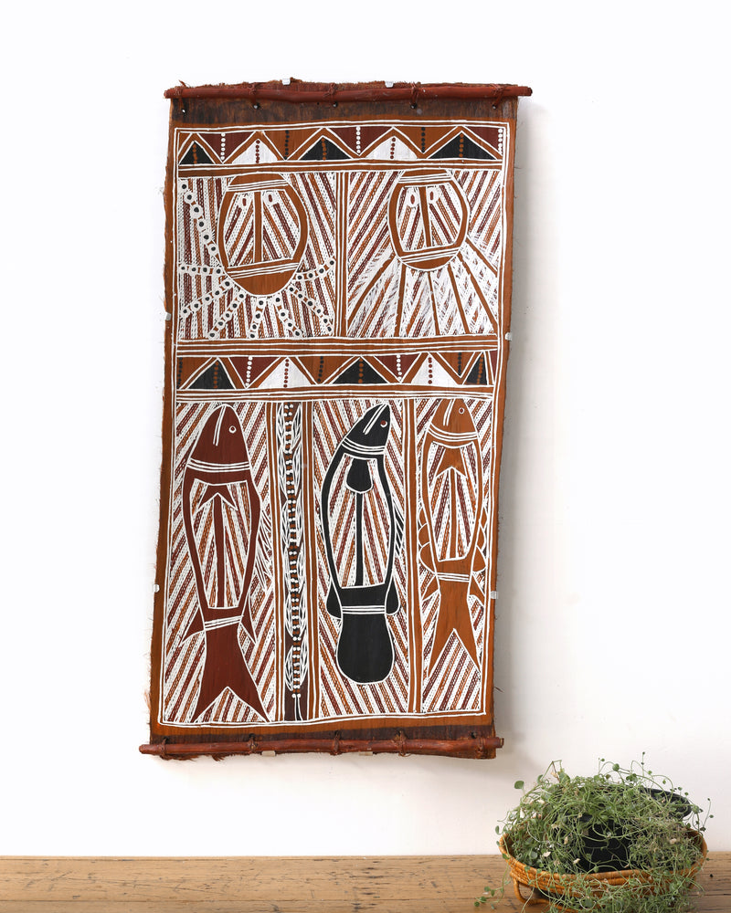 Aboriginal Artwork by Jack Pascoe, Lunggurrma Body Designs Bark Painting, 103x53cm
