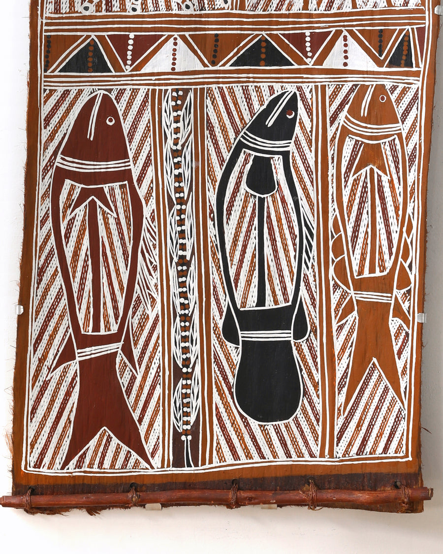 Aboriginal Artwork by Jack Pascoe, Lunggurrma Body Designs Bark Painting, 103x53cm