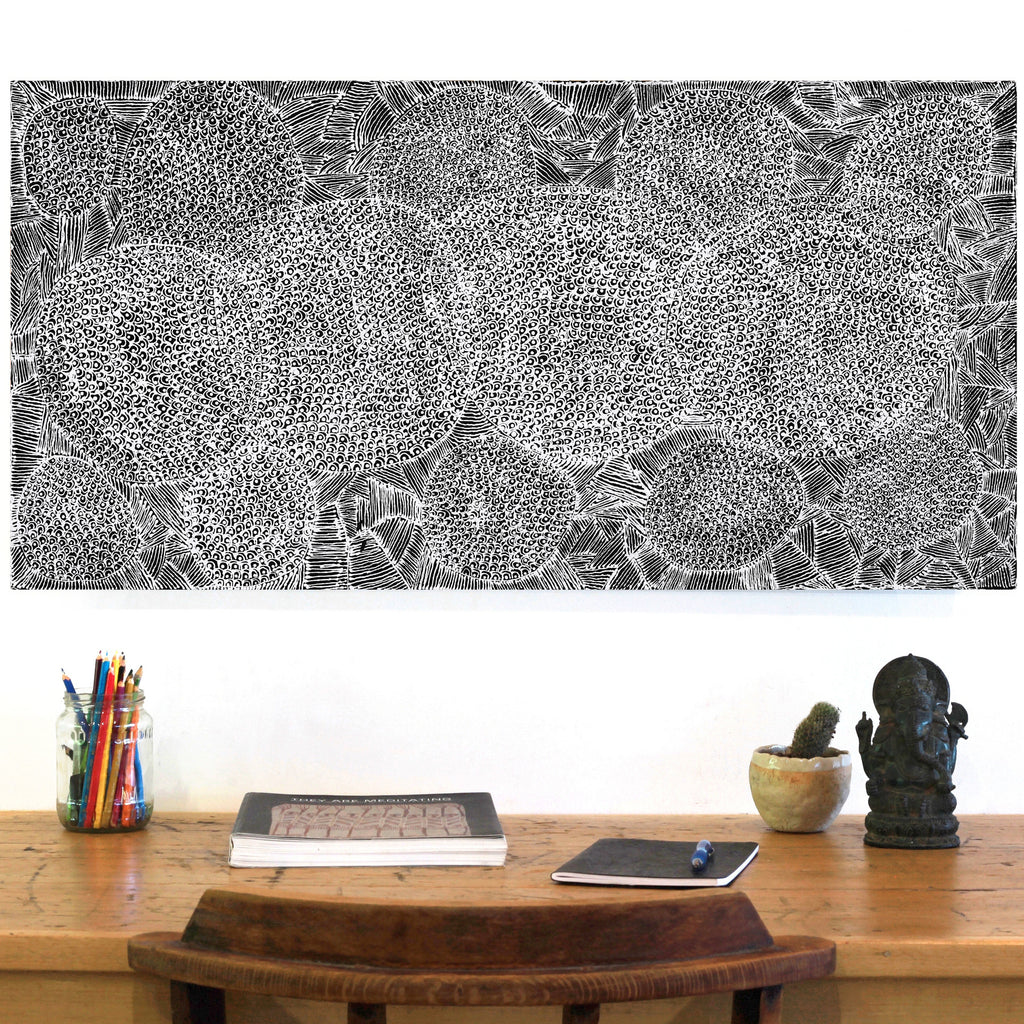Aboriginal Artwork by Janie Napangardi Williams, Ngarlkirdi Jukurrpa (Witchetty Grub Dreaming), 91x46cm