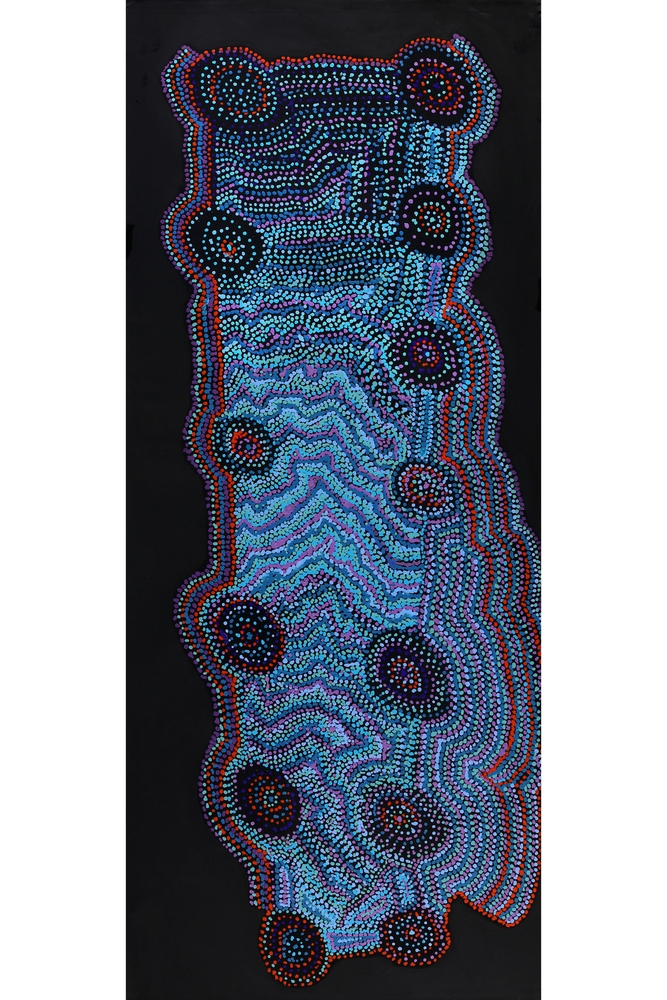 Aboriginal Artwork by Jeani Napangardi Lewis, Mina Mina Jukurrpa - Ngalyipi, 183x76cm