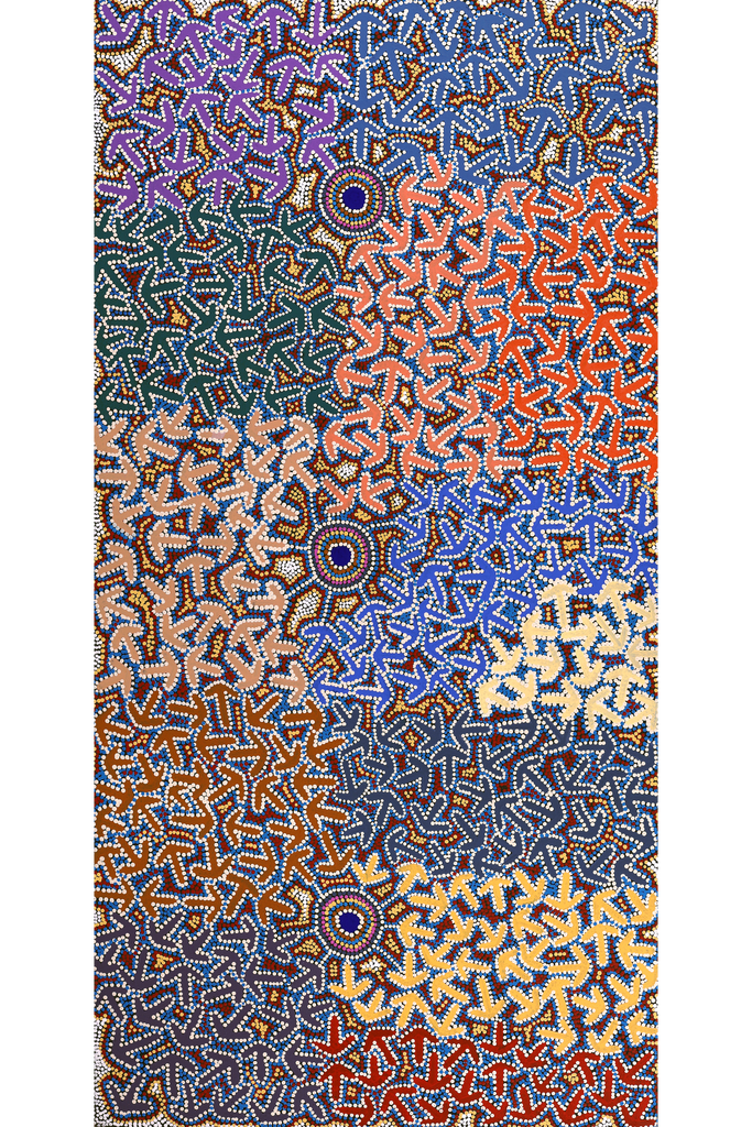 Aboriginal Artwork by Jeffrey Jangala Gallagher, Yankirri Jukurrpa (Emu Dreaming) - Ngarlikurlangu, 152x76cm