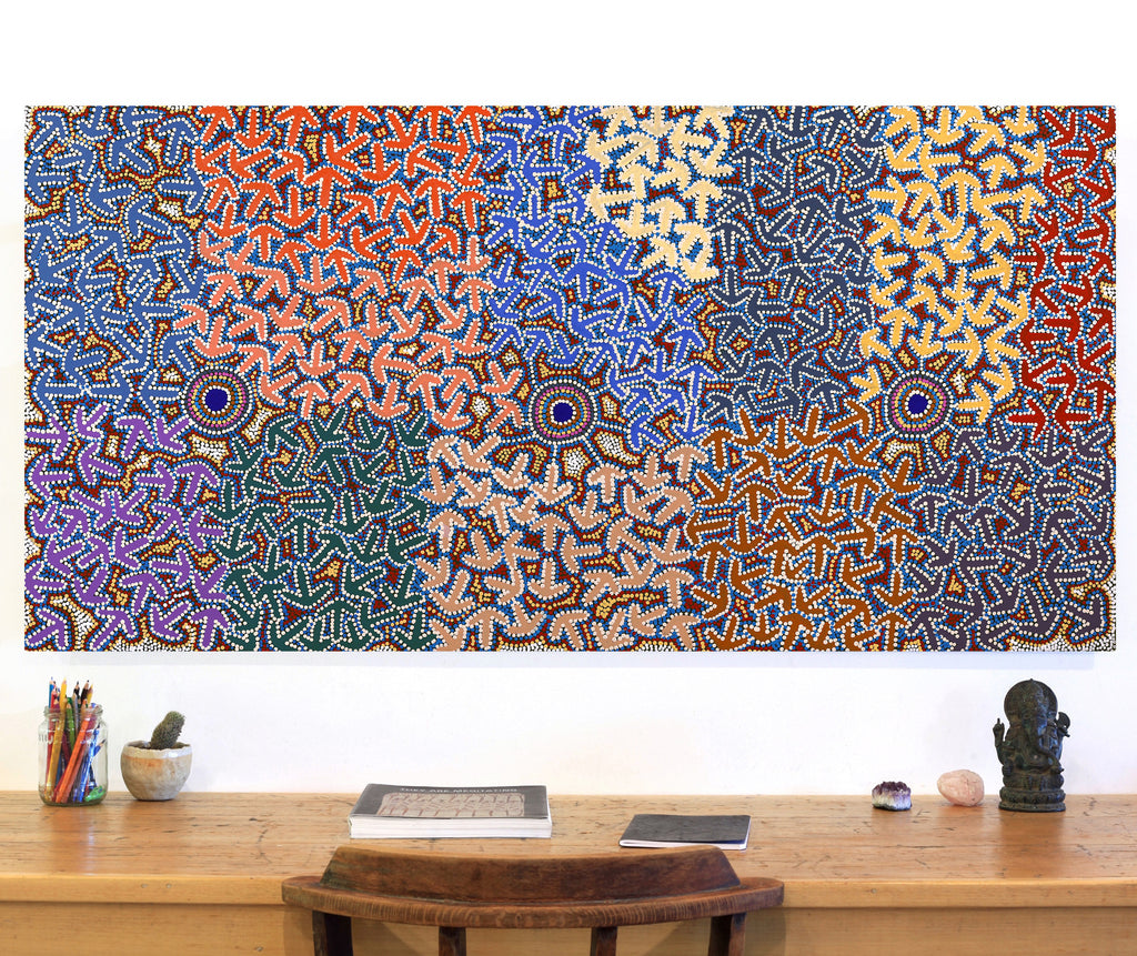 Aboriginal Art by Jeffrey Jangala Gallagher, Yankirri Jukurrpa (Emu Dreaming) - Ngarlikurlangu, 152x76cm - ART ARK®