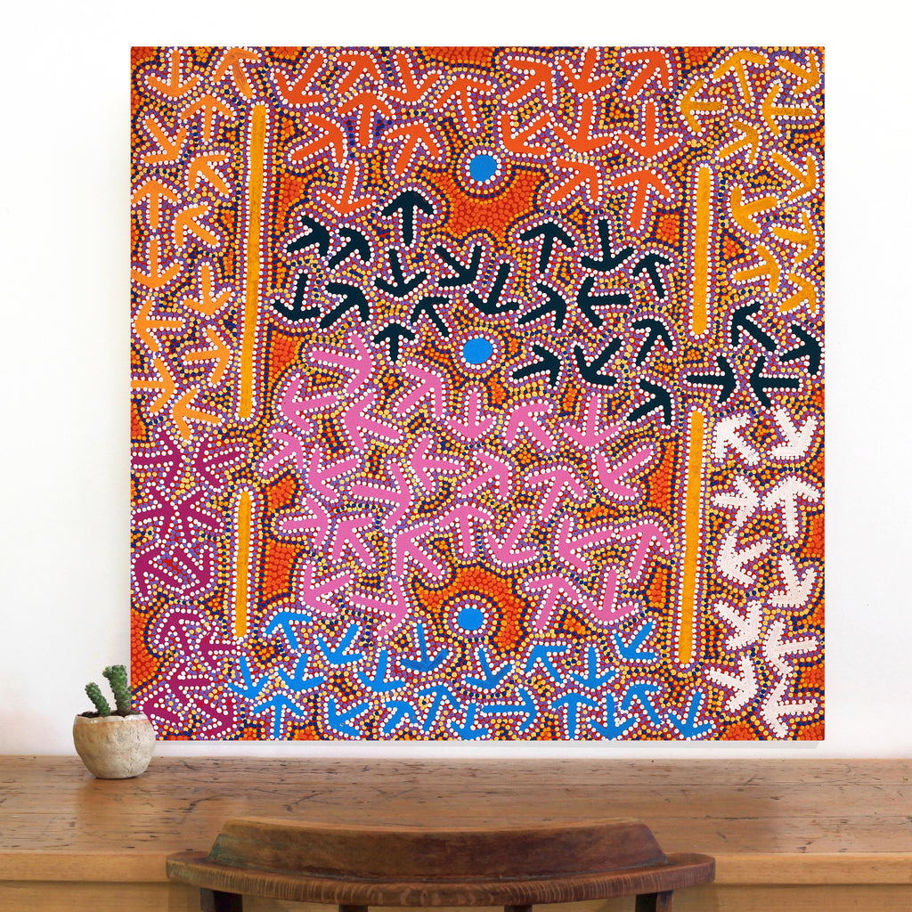 Aboriginal Artwork by Jeffrey Jangala Gallagher, Yankirri Jukurrpa (Emu Dreaming) - Ngarlikurlangu, 76x76cm