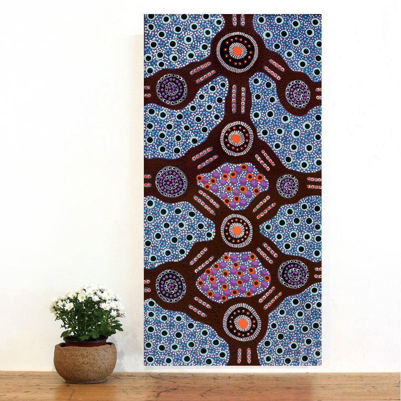 Aboriginal Artwork by Jennifer Napaljarri Lewis, Ngapa Jukurrpa (Water Dreaming) - Puyurru, 91x46cm