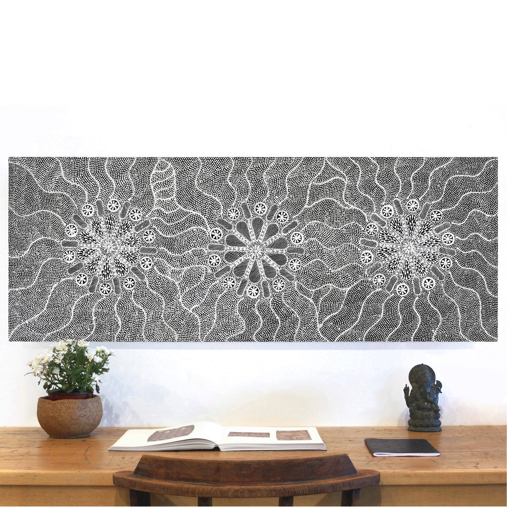 Aboriginal Artwork by Jocelyn Napanangka Frank, Lukarrara Jukurrpa (Desert Fringe-rush Seed Dreaming), 122x46cm