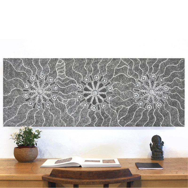 Aboriginal Artwork by Jocelyn Napanangka Frank, Lukarrara Jukurrpa (Desert Fringe-rush Seed Dreaming), 122x46cm