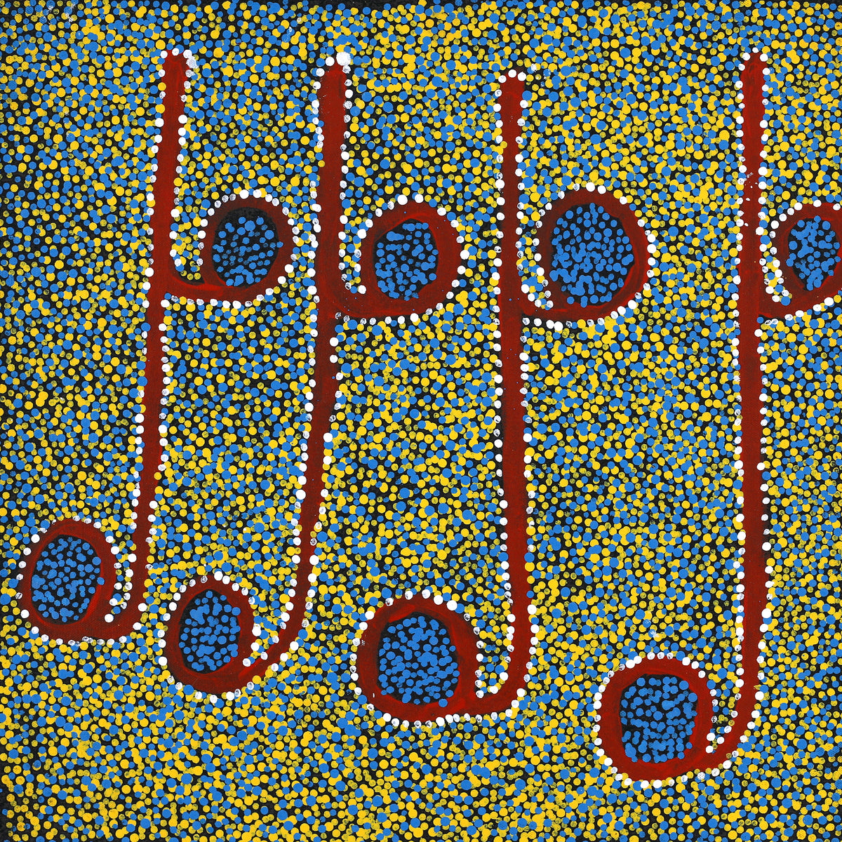 Aboriginal Art by Joshua Jungarrayi Brady, The Seven Sisters - Anangu Pitjantjatjara Yankunytjatjara Jukurrpa, 46x46cm - ART ARK®