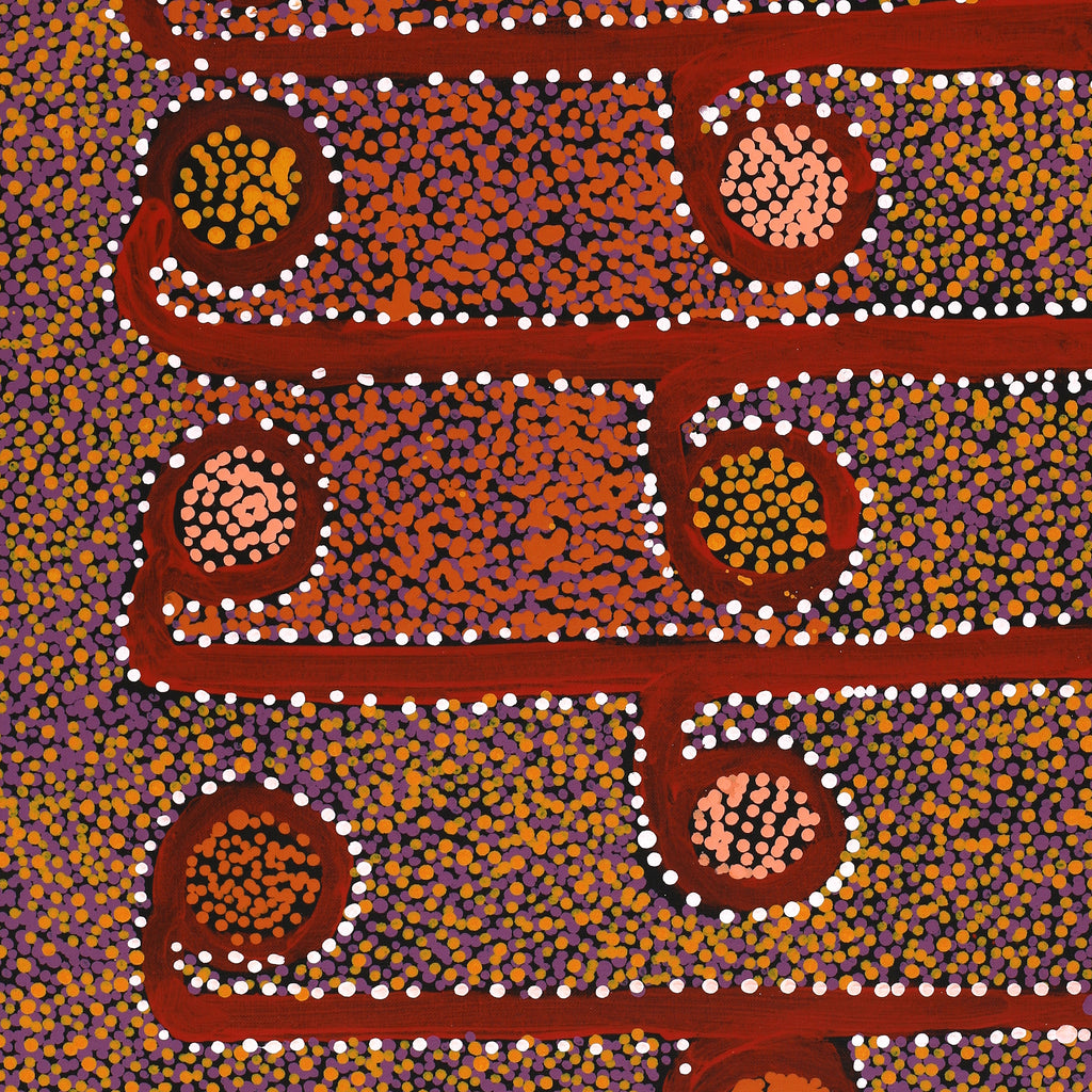 Aboriginal Artwork by Joshua Jungarrayi Brady, The Seven Sisters - Anangu Pitjantjatjara Yankunytjatjara Jukurrpa, 76x46cm