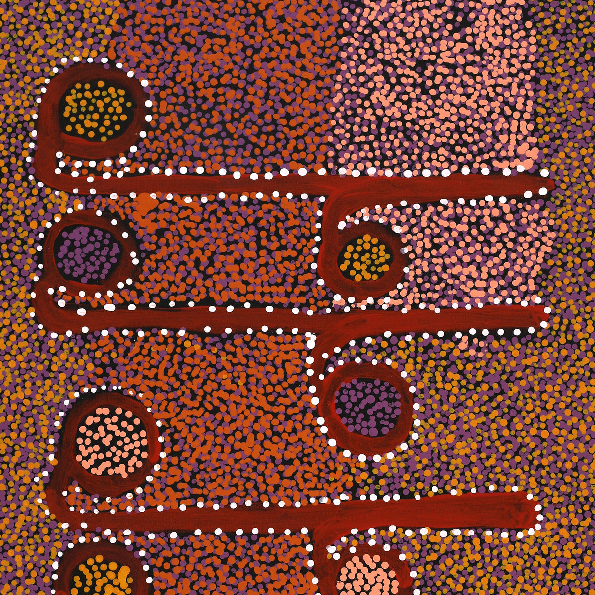 Aboriginal Art by Joshua Jungarrayi Brady, The Seven Sisters - Anangu Pitjantjatjara Yankunytjatjara Jukurrpa, 76x46cm - ART ARK®