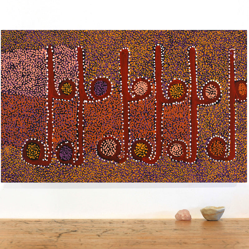 Aboriginal Artwork by Joshua Jungarrayi Brady, The Seven Sisters - Anangu Pitjantjatjara Yankunytjatjara Jukurrpa, 76x46cm