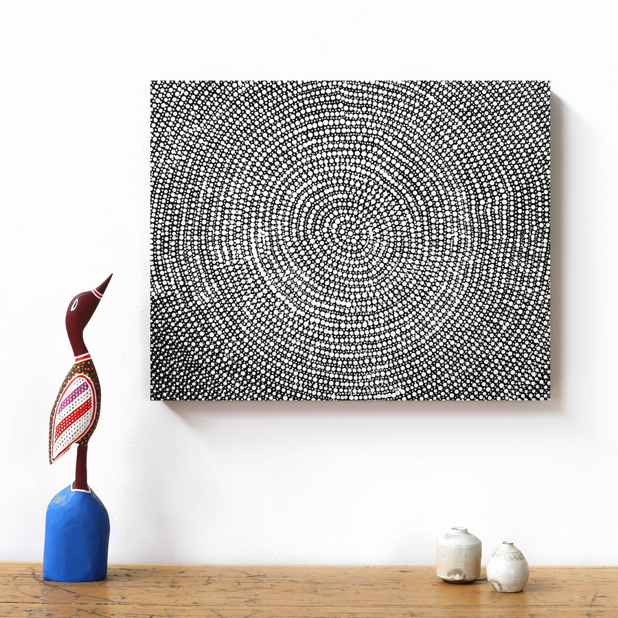 Aboriginal Artwork by Judy Napangardi Dixon, Lukarrara Jukurrpa (Desert Fringe-rush Seed Dreaming), 50x40cm