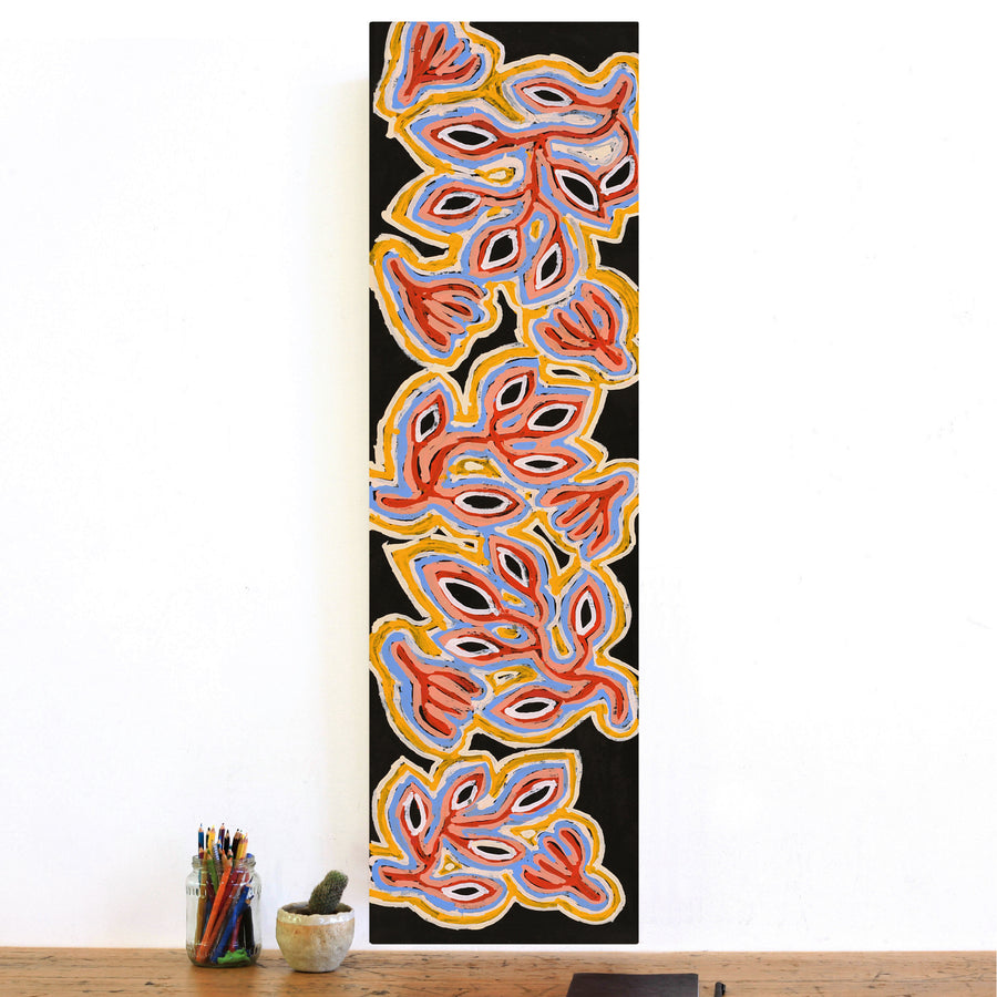 Aboriginal Artwork by Juliette Nampijinpa Brown, Ngapa Jukurrpa (Water Dreaming) - Mikanji, 107x30cm