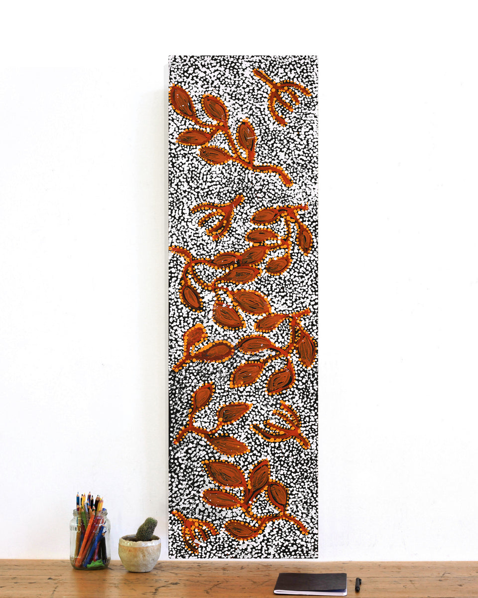 Aboriginal Artwork by Juliette Nampijinpa Brown, Ngapa Jukurrpa (Water Dreaming) - Mikanji, 107x30cm