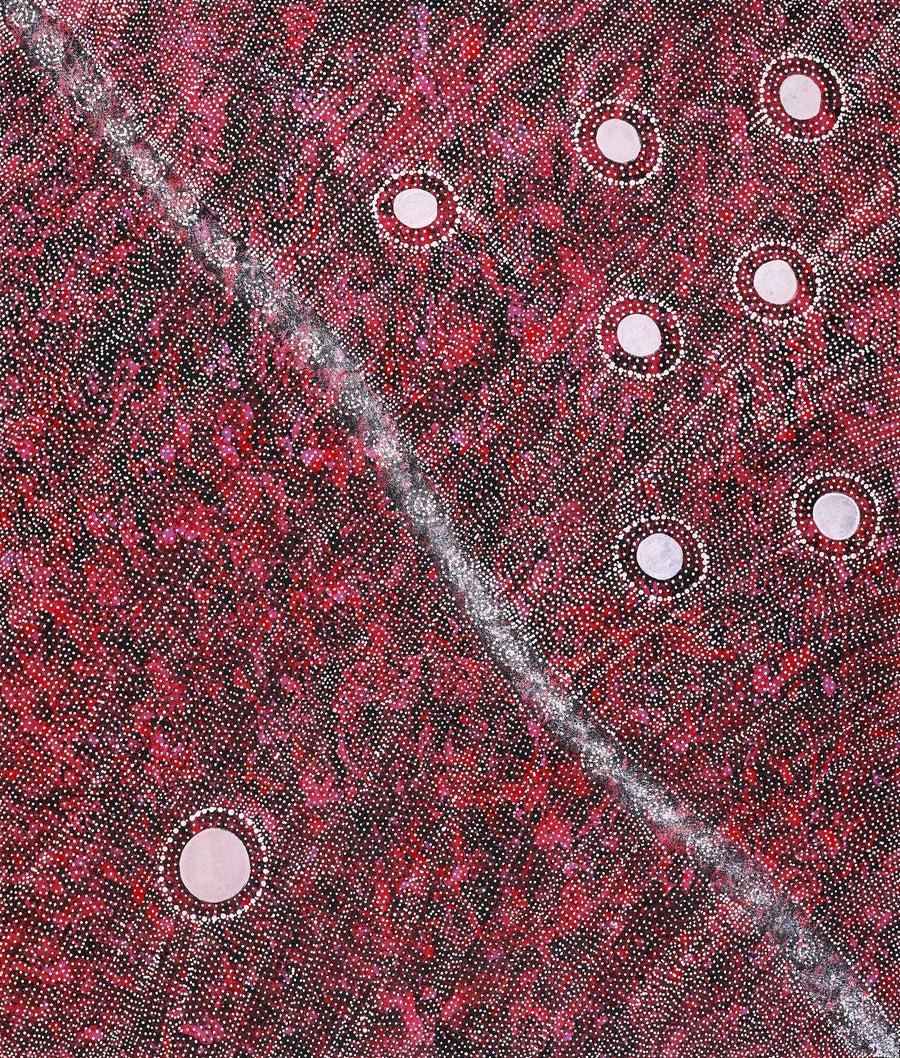 Aboriginal Artwork by Justinna Napaljarri Sims, Yanjirlpirri or Napaljarri-Warnu Jukurrpa (Star or Seven Sisters Dreaming), 107x91cm
