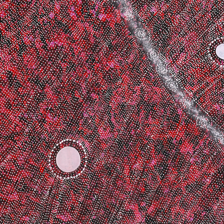 Aboriginal Artwork by Justinna Napaljarri Sims, Yanjirlpirri or Napaljarri-Warnu Jukurrpa (Star or Seven Sisters Dreaming), 107x91cm