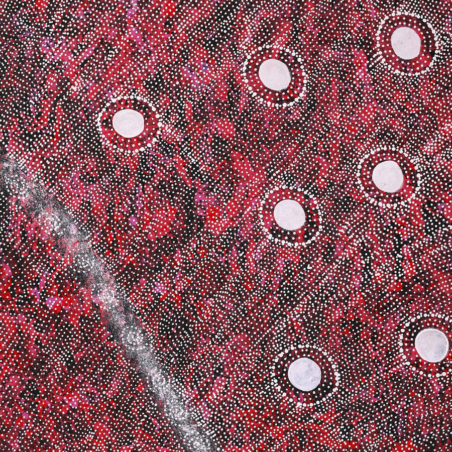 Aboriginal Artwork by Justinna Napaljarri Sims, Yanjirlpirri or Napaljarri-Warnu Jukurrpa (Star or Seven Sisters Dreaming), 107x91cm