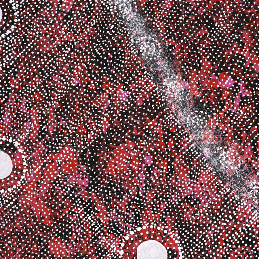Aboriginal Artwork by Justinna Napaljarri Sims, Yanjirlpirri or Napaljarri-Warnu Jukurrpa (Star or Seven Sisters Dreaming), 107x91cm