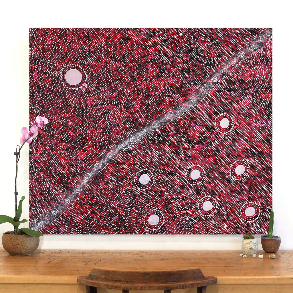 Aboriginal Artwork by Justinna Napaljarri Sims, Yanjirlpirri or Napaljarri-Warnu Jukurrpa (Star or Seven Sisters Dreaming), 107x91cm